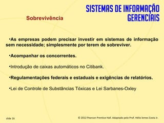 Sobrevivência


   •As empresas podem precisar investir em sistemas de informação
  sem necessidade; simplesmente por terem de sobreviver.

       •Acompanhar os concorrentes.

       •Introdução de caixas automáticos no Citibank.

       •Regulamentações federais e estaduais e exigências de relatórios.

       •Lei de Controle de Substâncias Tóxicas e Lei Sarbanes-Oxley




  slide 16                                 © 2012 Pearson Prentice Hall. Adaptado pelo Prof. Hélio lemes Costa Jr.
1.16                          Copyright © 2011 Pearson Education, Inc. publishing as Prentice
 