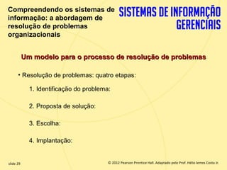 Compreendendo os sistemas de
  informação: a abordagem de
  resolução de problemas
  organizacionais


             Um modelo para o processo de resolução de problemas

        • Resolução de problemas: quatro etapas:

               1. Identificação do problema:

               2. Proposta de solução:

               3. Escolha:

               4. Implantação:


  slide 29                                    © 2012 Pearson Prentice Hall. Adaptado pelo Prof. Hélio lemes Costa Jr.
1.29                             Copyright © 2011 Pearson Education, Inc. publishing as Prentice
 