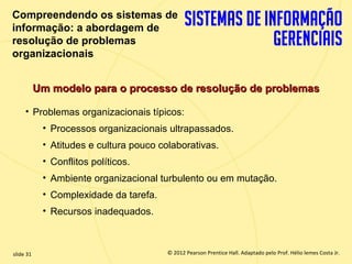 Compreendendo os sistemas de
  informação: a abordagem de
  resolução de problemas
  organizacionais


             Um modelo para o processo de resolução de problemas

       • Problemas organizacionais típicos:
              • Processos organizacionais ultrapassados.
              • Atitudes e cultura pouco colaborativas.
              • Conflitos políticos.
              • Ambiente organizacional turbulento ou em mutação.
              • Complexidade da tarefa.
              • Recursos inadequados.



  slide 31                                     © 2012 Pearson Prentice Hall. Adaptado pelo Prof. Hélio lemes Costa Jr.
1.31                              Copyright © 2011 Pearson Education, Inc. publishing as Prentice
 
