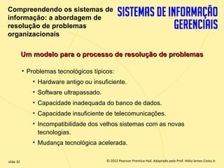 Compreendendo os sistemas de
  informação: a abordagem de
  resolução de problemas
  organizacionais

             Um modelo para o processo de resolução de problemas

             • Problemas tecnológicos típicos:
                • Hardware antigo ou insuficiente.
                • Software ultrapassado.
                • Capacidade inadequada do banco de dados.
                • Capacidade insuficiente de telecomunicações.
                • Incompatibilidade dos velhos sistemas com as novas
                  tecnologias.
                • Mudança tecnológica acelerada.

  slide 32                                    © 2012 Pearson Prentice Hall. Adaptado pelo Prof. Hélio lemes Costa Jr.
1.32                             Copyright © 2011 Pearson Education, Inc. publishing as Prentice
 