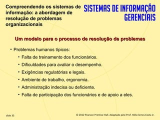 Compreendendo os sistemas de
  informação: a abordagem de
  resolução de problemas
  organizacionais

             Um modelo para o processo de resolução de problemas

       • Problemas humanos típicos:
              • Falta de treinamento dos funcionários.
              • Dificuldades para avaliar o desempenho.
              • Exigências regulatórias e legais.
              • Ambiente de trabalho, ergonomia.
              • Administração indecisa ou deficiente.
              • Falta de participação dos funcionários e de apoio a eles.



  slide 33                                    © 2012 Pearson Prentice Hall. Adaptado pelo Prof. Hélio lemes Costa Jr.
1.33                             Copyright © 2011 Pearson Education, Inc. publishing as Prentice
 
