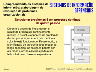 Compreendendo os sistemas de
  informação: a abordagem de
  resolução de problemas
  organizacionais
             Solucionar problemas é um processo contínuo
                           de quatro passos
        Durante e depois da implantação, o
        resultado precisa ser continuamente
        medido, e os solucionadores de problemas
        devem procurar saber em que medida a
        solução está funcionando. Desse modo, a
        identificação do problema pode mudar ao
        longo do tempo, as soluções podem ser
        alteradas e novas escolhas podem ser
        feitas, tudo com base na experiência.




  slide 36                               © 2012 Pearson Prentice Hall. Adaptado pelo Prof. Hélio lemes Costa Jr.
1.36                        Copyright © 2011 Pearson Education, Inc. publishing as Prentice
 