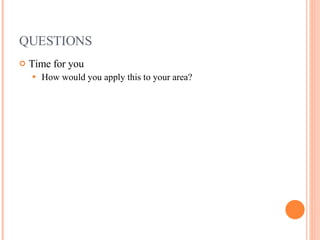 QUESTIONS Time for you How would you apply this to your area? 