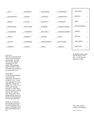 ___LOVE                           ___KINDNESS    ___FRIENDSHIP    ___TENDERNESS        ___AFFECTION             ___


___RECOGNITION                    ___HONOR       ___COURTESY      ___ADMIRATION        ___RESPECT               ___


___ABILITY                        ___TALENT      ___INGENUITY     ___CAPABILITY        ___SKILL                 ___


___KNOWLEDGE                      ___EDUCATION   ___WISDOM        ___UNDERSTANDING     ___ENLIGHTENMENT ___


___LEADERSHIP                     ___AUTHORITY   ___INFLUENCE     ___DECISION-MAKING   ___POWER                 ___


___MONEY                          ___PROPERTY    ___INCOME        ___FOOD              ___WEALTH                ___


___HEALTH                         ___HAPPINESS   ___CONTENTMENT   ___RELAXATION        ___WELL-BEING            ___


___HONESTY                        ___JUSTICE     ___TRUST         ___FAIRPLAY          ___RECTITUDE             ___




                                                                                       Remember: please don't
Overview                                                                               rate the above list for
Here are words that hold                                                               now — wait for your
some sort of meaning to                                                                facilitator to help.
most people. As such
these words embody
something we call
values. Please ponder
them. We'd like to find
out which ones you think
are important to you.

Instructions
To do this we're asking
you to rate the
importance of values on
a scale of 1 to 8. 1 is the
most important, 8 is least
important. Assign one
rating (1, 2, 3, 4, 5, 6, 7, or
8) for each slot that
precedes a word. Work
one list at a time, starting
with the left-most list
first. Once you're done
rating each list move on;
please avoid going back
to revise previous lists.

Please do not rate the
last list (the one boxed
in). Your facilitator will                                                             This values survey
guide you through a final                                                              courtesy Ann Blocker
phase pertaining to this
list.                                                                                  MI2002/1/07ValSurv.doc
 