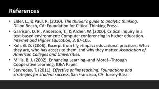 References
• Elder, L., & Paul, R. (2010). The thinker’s guide to analytic thinking.
Dillon Beach, CA: Foundation for Critical Thinking Press.
• Garrison, D. R., Anderson, T., & Archer, W. (2000). Critical inquiry in a
text-based environment: Computer conferencing in higher education.
Internet and Higher Education, 2, 87-105.
• Kuh, G. D. (2008). Excerpt from high-impact educational practices: What
they are, who has access to them, and why they matter. Association of
American Colleges and Universities.
• Millis, B. J. (2002). Enhancing Learning--and More!--Through
Cooperative Learning. IDEA Paper.
• Stavredes, T. (2011). Effective online teaching: Foundations and
strategies for student success. San Francisco, CA: Jossey-Bass.
 