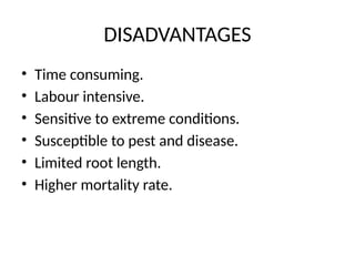 DISADVANTAGES
• Time consuming.
• Labour intensive.
• Sensitive to extreme conditions.
• Susceptible to pest and disease.
• Limited root length.
• Higher mortality rate.
 