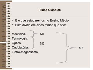 Física Clássica É o que estudaremos no Ensino Médio. Está divida em cinco ramos que são: Mecânica. Termologia. Óptica. Ondulatória. Eletro-magnetismo. M1 M2 M3 
