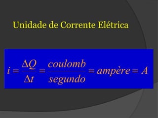 Unidade de Corrente Elétrica



       Q    coulomb
i                       ampère     A
       t    segundo
 