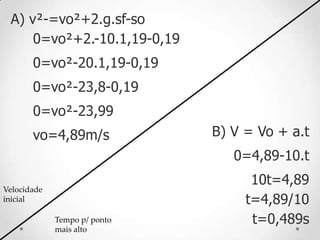 A) v²-=vo²+2.g.sf-so
0=vo²+2.-10.1,19-0,19
0=vo²-20.1,19-0,19
0=vo²-23,8-0,19
0=vo²-23,99
vo=4,89m/s B) V = Vo + a.t
0=4,89-10.t
10t=4,89
t=4,89/10
t=0,489s
Velocidade
inicial
Tempo p/ ponto
mais alto
 