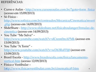 REFERÊNCIAS:
• Curso e Aulas - http://www.cursoseaulas.com.br/?goto=form_fisica
(acesso em 15/09/2013)
• Só Física -
http://www.sofisica.com.br/conteudos/Mecanica/Cinematica/mvert
.php (acesso em 14/09/2013)
• SlideShare - http://www.slideshare.net/fisicaboulanger/frmulas-de-
cinemtica (acesso em 14/09/2013)
• You Tube “Me Salva” -
http://www.youtube.com/watch?v=dCnrm0mAPMk (acesso em
13/09/2013)
• You Tube “A Torre” -
http://www.youtube.com/watch?v=wD63RaFl5j8 (acesso em
13/09/2013)
• Brasil Escola - http://www.brasilescola.com/fisica/lancamento-
vertical.htm (acesso 12/09/2013)
• Física e Vestibular –
http://www.fisicaevestibular.com.br/cinematica9.htm
 