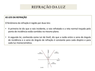 REFRAÇÃO DA LUZ
AS LEIS DA REFRAÇÃO
O fenômeno da refração é regido por duas leis:
• A primeira lei diz que o raio incidente, o raio refratado e a reta normal traçada pelo
ponto de incidência estão contidos no mesmo plano.
• A segunda lei, conhecida como Lei de Snell, diz que a razão entre o seno do ângulo
de incidência e o seno do ângulo de refração é constante para cada dioptro e para
cada luz monocramática.

 