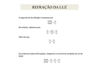 REFRAÇÃO DA LUZ
A segunda lei da refração é expressa por:

No entanto, sabemos que:

Além de que:

Ao juntarmos estas informações, chegamos a uma forma completa da Lei de
Snell:

 