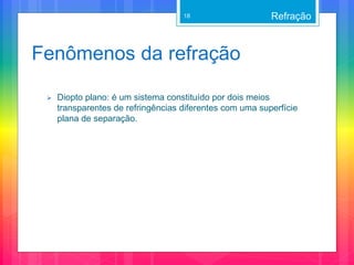 Fenômenos da refração
 Diopto plano: é um sistema constituído por dois meios
transparentes de refringências diferentes com uma superfície
plana de separação.
Refração18
 