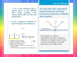 Leis da reflexão4
 1° Lei: o raio incidente (AB), a
normal (N) e o raio refletido
(BC) estão situados num
mesmo plano (AB, N e BC são
coplanares).
 2° Lei: o ângulo de reflexão r é
igual ao ângulo de incidência i.
i = r
Os raios AB e BC representa
respectivamente os feixes
luminosos incidente e refletido
pelo espelho.
Os ângulos i e r são as
inclinações dos raios incidente e
refletido em relação à reta normal
ao plano do espelho conduzida
pelo ponto de incidência (B).
 