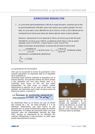 FÍSICA Y QUÍMICA 101
La aportación de Cavendish
¿Por qué no se percibe la fuerza de gravitación entre
cuerpos pequeños? La respuesta está en la pequeñez
de la constante G.
Cavendish logró medirla mediante el dispositivo de la
escena adjunta: dos grandes esferas de plomo atraen
a dos pequeñas con muy poca fuerza, pero sí la
suficiente para torcer el hilo del que están
suspendidas. De este modo un espejo cambia
ligeramente la posición de un rayo de luz sobre una
pantalla. Así Cavendish pudo medir la fuerza entre las
esferas de plomo y calcular G.
Su significado físico es la fuerza con que se atraen
dos cuerpos de 1 kg de masa situados a 1 m de
distancia. Observemos que esta fuerza es tan
pequeña que no existe dinamómetro capaz de medirla
directamente. El trabajo de Cavendish logró una gran
precisión para las posibilidades técnicas del siglo
XVII; aunque su experiencia se ha realizado con
mejores instalaciones y más precisión, su valor sigue
siendo esencialmente correcto.
Representación esquemática del
aparato de Cavendish. Si se
situaba una pantalla a varios
metros de distancia, la acción del
par de fuerzas era capaz de
desviar unos milímetros el punto
luminoso sobre la pantalla.
EJERCICIOS RESUELTOS
1. La Luna tiene aproximadamente 1/80 de la masa terrestre, mientras que el Sol
es aproximadamente 330.000 veces más masivo que nuestro planeta. Por otro
lado, la Luna está a unos 380.000 km de la Tierra y el Sol a 150 millones de km
Comparemos la fuerza que estos dos astros ejercen sobre nuestro planeta.
Solución: Llamaremos M a la masa de la Tierra, de forma que la del Sol será:
330.000 M y la de la Luna 1/80 M. La distancia entre Tierra y Sol se podrá
expresar como 1,5—108
km y entre Tierra y Luna: 3,8—105
km.
Según el principio de gravitación, la fuerza del sol sobre la tierra será:
16
10··25,2
·000.330
·
MM
GFsol = y la de la Luna: 10
10··44,14
··80/1
·
MM
GFluna = dividiendo ambas
expresiones y simplificando obtenemos:
01,173=
luna
sol
F
F
Astronomía y gravitación universal
 