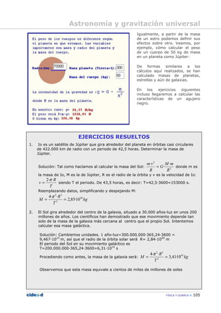 FÍSICA Y QUÍMICA 105
Igualmente, a partir de la masa
de un astro podemos definir sus
efectos sobre otro. Veamos, por
ejemplo, cómo calcular el peso
de un cuerpo de 50 kg de masa
en un planeta como Júpiter:
De formas similares a los
cálculos aquí realizados, se han
calculado masas de planetas,
estrellas y aún de galaxias.
En los ejercicios siguientes
incluso llegaremos a calcular las
características de un agujero
negro.
EJERCICIOS RESUELTOS
1. Io es un satélite de Júpiter que gira alrededor del planeta en órbitas casi circulares
de 422.000 km de radio con un periodo de 42,5 horas. Determinar la masa de
Júpiter.
Solución: Tal como hacíamos al calcular la masa del Sol: 2
2
·
·
·
R
mM
G
R
vm
= donde m es
la masa de Io, M es la de Júpiter, R es el radio de la órbita y v es la velocidad de Io:
T
R
v
··2π
= siendo T el periodo. De 43,5 horas, es decir: T=42,5—3600=153000 s.
Reemplazando datos, simplificando y despejando M:
kg
T
R
M 26
2
32
10·85,2
··4
==
π
2. El Sol gira alrededor del centro de la galaxia, situado a 30.000 años-luz en unos 200
millones de años. Los científicos han demostrado que ese movimiento depende tan
solo de la masa de la galaxia más cercana al centro que el propio Sol. Intentemos
calcular esa masa galáctica.
Solución: Cambiemos unidades. 1 año-luz=300.000.000—365,24—3600 =
9,467—1015
m, así que el radio de la órbita solar será R= 2,84—1020
m
El periodo del Sol en su movimiento galáctico es
T=200.000.000—365,24—3600=6,31—1015
s
Procediendo como antes, la masa de la galaxia será: kg
T
R
M 41
2
32
10·41,3
··4
==
π
Observemos que esta masa equivale a cientos de miles de millones de soles
Astronomía y gravitación universal
 