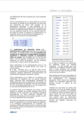 Calor y energía
FÍSICA Y QUÍMICA 157
La dilatación de los cuerpos (I): Los cuerpos
sólidos
Variar la temperatura de un cuerpo sólido es lo mismo
que alterar la energía de sus partículas, de modo que
sus vibraciones se hacen más grandes (si la
temperatura aumenta) o más pequeñas (si la
temperatura desciende), produciendo variaciones de
tamaño. La dilatación puede afectar a su longitud inicial
Lo, a su superficie inicial So, o a su volumen inicial Vo.
En todos los casos la variación es proporcional a la
magnitud inicial y al incremento de temperatura ∆T.
Estas son las ecuaciones correspondientes:
Los coeficientes de dilatación lineal (αααα) ,
superficial (ββββ) y cúbica (γγγγ) dependen de la naturaleza
del objeto. Se pueden definir como la variación por
unidad de la magnitud correspondiente (longitud,
superficie o volumen) cuando la temperatura
varía un grado. Sus unidades son ºC-1
en los tres
casos. Así, por ejemplo, αααα expresa lo que aumenta o
disminuye un metro de longitud de una sustancia
cuando sube o baja un grado la temperatura.
Estos coeficientes no son independientes entre sí. De
modo aproximado se puede afirmar que, para un
mismo cuerpo:
ββββ = 2αααα mientras que γγγγ = 3αααα.... De esta forma,
conociendo el coeficiente de dilatación lineal para una
sustancia, podemos determinar automáticamente los
coeficientes de dilatación superficial y cúbica.
Como observamos en la tabla de la derecha, los
coeficientes de dilatación son en general bastante
bajos, haciendo falta considerables variaciones de
temperatura para que las alteraciones de tamaños se
perciban fácilmente. Por ejemplo, una viga de hormigón
de 10 m de longitud aumentaría 1 mm su longitud con
un aumento de temperatura de 10 ºC.
El carácter lineal de la dilatación de muchos cuerpos
sólidos (y también de muchos líquidos) hace de la
dilatación de las sustancias una excelente propiedad
termométrica, es decir podemos comparar las
diferentes temperaturas entre cuerpos iguales a partir
de una comparación de sus tamaños.
No todos los materiales se comportan de esta forma tan
lineal. Si calentamos un trozo de madera se dilatará y
si la enfriamos posteriormente se contraerá. Sin
embargo, difícilmente volverá a tener el mismo tamaño
del principio, aunque la temperatura sí que haya vuelto
a su nivel inicial.
En la tabla se registran los coeficientes
de dilatación lineal de algunas
sustancias. Es fácil percibir que este
coeficiente es bastante diferente entre
unas y otras, Notemos, por ejemplo
como el hierro es capaz de dilatarse 3000
veces más que el cuarzo.
Estas diferencias son las responsables de
que, en lugares con cambios extremos en
las temperaturas, se produzcan
desajustes entre piezas del mobiliario
hechas con materiales diferentes (por
ejemplo marcos y vídrios de las
ventanas).
También hay que tener en cuenta este
coeficiente a la hora de diseñar algunos
instrumentos de precisión. Un telescopio
con óptica de cuarzo se dilatará unas 18
veces menos que otro con lentes de
vídrio ordinario y será por tanto mucho
más preciso para la observación
astronómica ya que se alterará muy poco
durante las bajadas nocturnas de
temperatura.
 