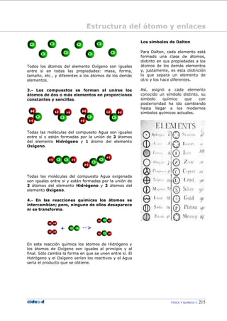 FÍSICA Y QUÍMICA 215
Todos los átomos del elemento Oxígeno son iguales
entre sí en todas las propiedades: masa, forma,
tamaño, etc., y diferentes a los átomos de los demás
elementos.
3.- Los compuestos se forman al unirse los
átomos de dos o más elementos en proporciones
constantes y sencillas.
Todas las moléculas del compuesto Agua son iguales
entre sí y están formadas por la unión de 2 átomos
del elemento Hidrógeno y 1 átomo del elemento
Oxígeno.
Todas las moléculas del compuesto Agua oxigenada
son iguales entre sí y están formadas por la unión de
2 átomos del elemento Hidrógeno y 2 átomos del
elemento Oxígeno.
4.- En las reacciones químicas los átomos se
intercambian; pero, ninguno de ellos desaparece
ni se transforma.
En esta reacción química los átomos de Hidrógeno y
los átomos de Oxígeno son iguales al principio y al
final. Sólo cambia la forma en que se unen entre sí. El
Hidrógeno y el Oxígeno serían los reactivos y el Agua
sería el producto que se obtiene.
Los símbolos de Dalton
Para Dalton, cada elemento está
formado una clase de átomos,
distinto en sus propiedades a los
átomos de los demás elementos
y, justamente, es esta distinción
lo que separa un elemento de
otro y los hace diferentes.
Así, asignó a cada elemento
conocido un símbolo distinto, su
símbolo químico que con
posterioridad ha ido cambiando
hasta llegar a los modernos
símbolos químicos actuales.
Estructura del átomo y enlaces
 