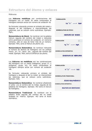 236 FÍSICA Y QUÍMICA
Hidruros
Los hidruros metálicos son combinaciones del
hidrógeno con un metal. En estos compuestos el
hidrógeno siempre actúa con número de oxidación -1.
Se formulan colocando primero el símbolo del metal y
después el del hidrógeno e intercambiando las
valencias, que se colocan como subíndices. Ejemplo:
MgH2.
Nomenclatura de Stock: Se nombran con la palabra
hidruro seguida del nombre del metal e indicando
entre paréntesis el número de oxidación, en números
romanos, sólo en caso de tener más de un número.
Ejemplo: PbH2 sería el Hidruro de plomo (II).
Nomenclatura Sistemática: Se nombran indicando
el número de átomos de hidrógeno con los prefijos
mono-, di-, tri-, tetra-, etc., seguido del nombre del
metal. Ejemplo: PbH2 sería el Dihidruro de plomo.
Los hidruros no metálicos son las combinaciones
del hidrógeno con un metal (halógenos, grupo 17, y
anfígenos, grupo 16). En estos compuestos el
hidrógeno siempre actúa con número de oxidación
+1.
Se formulan colocando primero el símbolo del
hidrógeno y después el del no metal. se intercambian
las valencias, que se colocan como subíndices.
Ejemplo: H2S.
Nomenclatura Sistemática: Se nombran añadiendo
el sufijo -uro al nombre del no metal, seguido de las
palabras de hidrógeno. Ejemplo: HCl sería el Cloruro
de hidrógeno.
Nomenclatura Tradicional: Se nombran con la
palabra ácido seguida del nombre del no metal
acabado en -hídrico. Ejemplo: HCl sería el Ácido
clorhídrico.
Estructura del átomo y enlaces
 