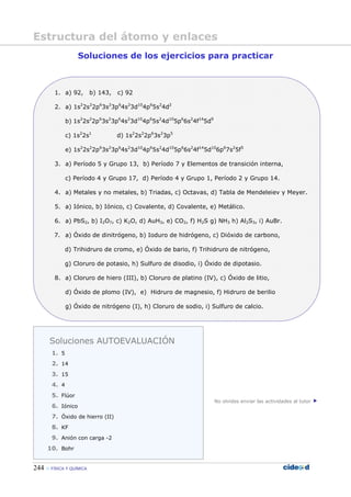 244 FÍSICA Y QUÍMICA
Soluciones de los ejercicios para practicar
1. a) 92, b) 143, c) 92
2. a) 1s2
2s2
2p6
3s2
3p6
4s2
3d10
4p6
5s2
4d2
b) 1s2
2s2
2p6
3s2
3p6
4s2
3d10
4p6
5s2
4d10
5p6
6s2
4f14
5d9
c) 1s2
2s1
d) 1s2
2s2
2p6
3s2
3p5
e) 1s2
2s2
2p6
3s2
3p6
4s2
3d10
4p6
5s2
4d10
5p6
6s2
4f14
5d10
6p6
7s2
5f5
3. a) Período 5 y Grupo 13, b) Período 7 y Elementos de transición interna,
c) Período 4 y Grupo 17, d) Período 4 y Grupo 1, Período 2 y Grupo 14.
4. a) Metales y no metales, b) Triadas, c) Octavas, d) Tabla de Mendeleiev y Meyer.
5. a) Iónico, b) Iónico, c) Covalente, d) Covalente, e) Metálico.
6. a) PbS2, b) I2O7, c) K2O, d) AuH3, e) CO2, f) H2S g) NH3 h) Al2S3, i) AuBr.
7. a) Óxido de dinitrógeno, b) Ioduro de hidrógeno, c) Dióxido de carbono,
d) Trihidruro de cromo, e) Óxido de bario, f) Trihidruro de nitrógeno,
g) Cloruro de potasio, h) Sulfuro de disodio, i) Óxido de dipotasio.
8. a) Cloruro de hiero (III), b) Cloruro de platino (IV), c) Óxido de litio,
d) Óxido de plomo (IV), e) Hidruro de magnesio, f) Hidruro de berilio
g) Óxido de nitrógeno (I), h) Cloruro de sodio, i) Sulfuro de calcio.
No olvides enviar las actividades al tutor
Soluciones AUTOEVALUACIÓN
1. 5
2. 14
3. 15
4. 4
5. Flúor
6. Iónico
7. Óxido de hierro (II)
8. KF
9. Anión con carga -2
10. Bohr
Estructura del átomo y enlaces
 