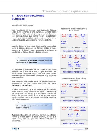 FÍSICA Y QUÍMICA 257
2. Tipos de reacciones
químicas
Reacciones ácido-base
Son reacciones en las que una sustancia llamada
ácido cede protones a una sustancia llamada base.
Cuando un ácido cede un protón, se convierte en su
base conjugada (ya que podría volver a aceptarlo) y
cuando una base acepta un protón se convierte en su
ácido conjugado, ya que podría volver a cederlo.
Aquellos ácidos o bases que tiene mucha tendencia a
ceder o aceptar protones se llaman ácidos o bases
fuertes, y si tienen poca tendencia a cederlos o
aceptarlos se llaman ácidos o bases débiles.
La fortaleza y debilidad de un ácido o una base
depende de la sustancia con la que reaccione. Un
ácido fuerte reacciona mejor con una base fuerte,
mientras que un ácido débil reacciona muy poco con
una base débil.
Una sustancia que puede ceder o aceptar protones,
dependiendo de con quien reaccione, se llama
anfótera o anfiprótica.
El pH es una medida de la fortaleza de los ácidos o las
bases cuando están disueltos en agua. La escala de
pH va de 0 a 14, siendo el 7 el estado neutro, por
debajo de siete un medio ácido y por encima básico.
Puede medirse con el pH-metro, mediante papel de
pH o con indicadores.
Muchos ácidos como el sulfúrico, clorhídrico, nítrico o
acético y bases como la sosa cáustica, la cal o el
bicarbonato, son de gran importancia industrial y
económica.
Reacciones entre ácido fuerte y
base fuerte
Reacciones entre ácido débil y
base débil
Transformaciones químicas
 