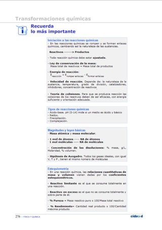 276 FÍSICA Y QUÍMICA
Recuerda
lo más importante
Transformaciones químicas
 