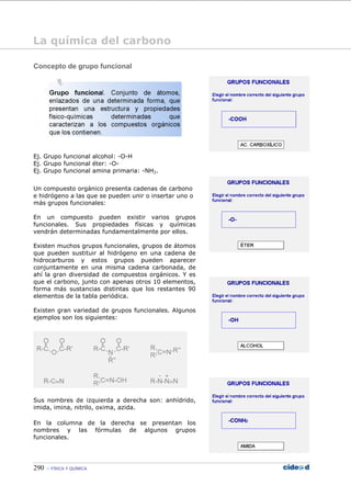 290 FÍSICA Y QUÍMICA
Concepto de grupo funcional
Ej. Grupo funcional alcohol: -O-H
Ej. Grupo funcional éter: -O-
Ej. Grupo funcional amina primaria: -NH2.
Un compuesto orgánico presenta cadenas de carbono
e hidrógeno a las que se pueden unir o insertar uno o
más grupos funcionales:
En un compuesto pueden existir varios grupos
funcionales. Sus propiedades físicas y químicas
vendrán determinadas fundamentalmente por ellos.
Existen muchos grupos funcionales, grupos de átomos
que pueden sustituir al hidrógeno en una cadena de
hidrocarburos y estos grupos pueden aparecer
conjuntamente en una misma cadena carbonada, de
ahí la gran diversidad de compuestos orgánicos. Y es
que el carbono, junto con apenas otros 10 elementos,
forma más sustancias distintas que los restantes 90
elementos de la tabla periódica.
Existen gran variedad de grupos funcionales. Algunos
ejemplos son los siguientes:
Sus nombres de izquierda a derecha son: anhídrido,
imida, imina, nitrilo, oxima, azida.
En la columna de la derecha se presentan los
nombres y las fórmulas de algunos grupos
funcionales.
La química del carbono
 