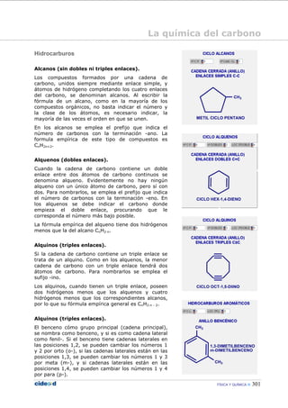 FÍSICA Y QUÍMICA 301
Hidrocarburos
Alcanos (sin dobles ni triples enlaces).
Los compuestos formados por una cadena de
carbono, unidos siempre mediante enlace simple, y
átomos de hidrógeno completando los cuatro enlaces
del carbono, se denominan alcanos. Al escribir la
fórmula de un alcano, como en la mayoría de los
compuestos orgánicos, no basta indicar el número y
la clase de los átomos, es necesario indicar, la
mayoría de las veces el orden en que se unen.
En los alcanos se emplea el prefijo que indica el
número de carbonos con la terminación -ano. La
formula empírica de este tipo de compuestos es
CnH2n+2.
Alquenos (dobles enlaces).
Cuando la cadena de carbono contiene un doble
enlace entre dos átomos de carbono continuos se
denomina alqueno. Evidentemente no hay ningún
alqueno con un único átomo de carbono, pero sí con
dos. Para nombrarlos, se emplea el prefijo que indica
el número de carbonos con la terminación -eno. En
los alquenos se debe indicar el carbono donde
empieza el doble enlace, procurando que le
corresponda el número más bajo posible.
La fórmula empírica del alqueno tiene dos hidrógenos
menos que la del alcano CnH2—n.
Alquinos (triples enlaces).
Si la cadena de carbono contiene un triple enlace se
trata de un alquino. Como en los alquenos, la menor
cadena de carbono con un triple enlace tendrá dos
átomos de carbono. Para nombrarlos se emplea el
sufijo -ino.
Los alquinos, cuando tienen un triple enlace, poseen
dos hidrógenos menos que los alquenos y cuatro
hidrógenos menos que los correspondientes alcanos,
por lo que su fórmula empírica general es CnH2—n - 2.
Alquinos (triples enlaces).
El benceno cómo grupo principal (cadena principal),
se nombra como benceno, y si es como cadena lateral
como fenil-. Si el benceno tiene cadenas laterales en
las posiciones 1,2, se pueden cambiar los números 1
y 2 por orto (o-), si las cadenas laterales están en las
posiciones 1,3, se pueden cambiar los números 1 y 3
por meta (m-), y si cadenas laterales están en las
posiciones 1,4, se pueden cambiar los números 1 y 4
por para (p-).
La química del carbono
 