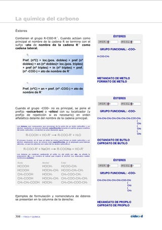304 FÍSICA Y QUÍMICA
Ésteres
Contienen el grupo R-COO-R´. Cuando actúan como
principal el nombre de la cadena R se termina con el
sufijo -ato de nombre de la cadena R´ como
cadena lateral.
Cuando el grupo -COO- no es principal, se pone el
prefijo -oxicarboni o -oiloxi con su localizador (y
prefijo de repetición si es necesario) en orden
alfabético delante del nombre de la cadena principal.
Ejemplos de formulación y nomenclatura de ésteres
se presentan en la columna de la derecha:
La química del carbono
 