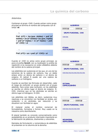 FÍSICA Y QUÍMICA 307
Aldehídos
Contienen el grupo -CHO. Cuando actúan como grupo
principal se termina el nombre del compuesto con el
sufijo -al.
Cuando el -CHO no actúa como grupo principal, se
pone el prefijo formil- con su localizador (y prefijo de
repetición si es necesario) en orden alfabético delante
del nombre de la cadena principal.
Los aldehídos son sustancias en las que, en uno de los
extremos de la cadena de carbono, hay un doble
enlace entre un átomo de carbono y un átomo de
oxígeno. El radical R puede ser una cadena de
carbono o un hidrógeno.
Cuando se escriben las fórmulas sin desarrollar, cabe
el riesgo de confundir un grupo alcohol con el grupo
aldehído. Para evitar esta confusión, en los aldehídos
se escribe en último lugar el átomo de oxígeno: R-
CHO, mientras que en los alcoholes se escribe en
último lugar el hidrógeno: R-COH.
Los aldehídos son lábiles, es decir, sustancias muy
reactivas y se convierten con facilidad en ácidos, por
oxidación, o en alcoholes, por reducción y se
disuelven con facilidad en agua.
El metanal recibe el nombre comercial de
formaldehído, formalina o formol. Muy usado en la
industria como desinfectante.
El etanal también es conocido comercialmente como
acetaldehído es un producto intermedio importante en
la fabricación de plásticos, disolventes y colorantes.
Ejemplos de formulación y nomenclatura de aldehídos
se presentan en la columna de la derecha:
La química del carbono
 