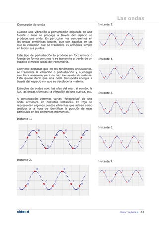 FÍSICA Y QUÍMICA 183
Concepto de onda
Cuando una vibración o perturbación originada en una
fuente o foco se propaga a través del espacio se
produce una onda. En particular nos centraremos en
las ondas armónicas ideales, que son aquellas en las
que la vibración que se transmite es armónica simple
en todos sus puntos.
Este tipo de perturbación la produce un foco emisor o
fuente de forma continua y se transmite a través de un
espacio o medio capaz de transmitirla.
Conviene destacar que en los fenómenos ondulatorios,
se transmite la vibración o perturbación y la energía
que lleva asociada, pero no hay transporte de materia.
Esto quiere decir que una onda transporta energía a
través del espacio sin que se desplace la materia.
Ejemplos de ondas son: las olas del mar, el sonido, la
luz, las ondas sísmicas, la vibración de una cuerda, etc.
A continuación veremos varias “fotografías” de una
onda armónica en distintos instantes. En rojo se
representan algunos puntos vibrantes que actúan como
testigos a la hora de identificar la posición de esas
partículas en los diferentes momentos.
Instante 1.
Instante 2.
Instante 3.
Instante 4.
Instante 5.
Instante 6.
Instante 7.
Las ondas
Las ondas
 