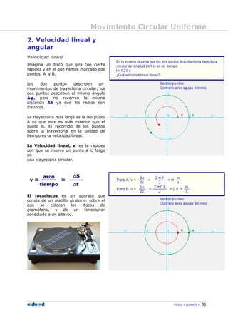 Movimiento Circular Uniforme
FÍSICA Y QUÍMICA 31
2. Velocidad lineal y
angular
Velocidad lineal
Imagina un disco que gira con cierta
rapidez y en el que hemos marcado dos
puntos, A y B.
Los dos puntos describen un
movimientos de trayectoria circular, los
dos puntos describen el mismo ángulo
∆φ, pero no recorren la misma
distancia ∆S ya que los radios son
distintos.
La trayectoria más larga es la del punto
A ya que este es más exterior que el
punto B. El recorrido de los puntos
sobre la trayectoria en la unidad de
tiempo es la velocidad lineal.
La Velocidad lineal, v, es la rapidez
con que se mueve un punto a lo largo
de
una trayectoria circular.
El tocadiscos es un aparato que
consta de un platillo giratorio, sobre el
que se colocan los discos de
gramófono, y de un fonocaptor
conectado a un altavoz.
 