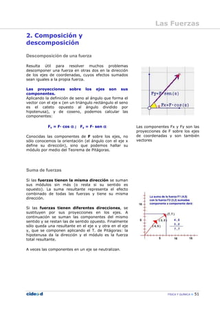 FÍSICA Y QUÍMICA 51
2. Composición y
descomposición
Descomposición de una fuerza
Resulta útil para resolver muchos problemas
descomponer una fuerza en otras dos en la dirección
de los ejes de coordenadas, cuyos efectos sumados
sean iguales a la propia fuerza.
Las proyecciones sobre los ejes son sus
componentes.
Aplicando la definición de seno al ángulo que forma el
vector con el eje x (en un triángulo rectángulo el seno
es el cateto opuesto al ángulo dividido por
hipotenusa), y de coseno, podemos calcular las
componentes:
Fx = F— cos αααα ; Fy = F— sen αααα
Conocidas las componentes de F sobre los ejes, no
sólo conocemos la orientación (el ángulo con el eje x
define su dirección), sino que podemos hallar su
módulo por medio del Teorema de Pitágoras.
Suma de fuerzas
Si las fuerzas tienen la misma dirección se suman
sus módulos sin más (o resta si su sentido es
opuesto). La suma resultante representa el efecto
combinado de todas las fuerzas y tiene su misma
dirección.
Si las fuerzas tienen diferentes direcciones, se
sustituyen por sus proyecciones en los ejes. A
continuación se suman las componentes del mismo
sentido y se restan las de sentido opuesto. Finalmente
sólo queda una resultante en el eje x y otra en el eje
y, que se componen aplicando el T. de Pitágoras: la
hipotenusa da la dirección y el módulo es la fuerza
total resultante.
A veces las componentes en un eje se neutralizan.
Las componentes Fx y Fy son las
proyecciones de F sobre los ejes
de coordenadas y son también
vectores
Las Fuerzas
 