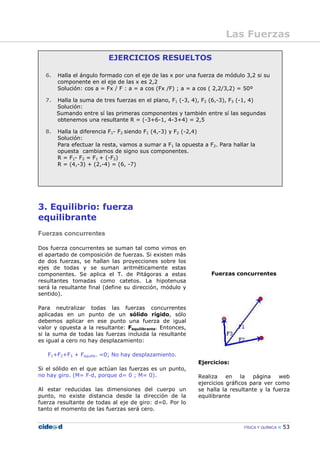 FÍSICA Y QUÍMICA 53
EJERCICIOS RESUELTOS
6. Halla el ángulo formado con el eje de las x por una fuerza de módulo 3,2 si su
componente en el eje de las x es 2,2
Solución: cos a = Fx / F : a = a cos (Fx /F) ; a = a cos ( 2,2/3,2) = 50º
7. Halla la suma de tres fuerzas en el plano, F1 (-3, 4), F2 (6,-3), F3 (-1, 4)
Solución:
Sumando entre sí las primeras componentes y también entre sí las segundas
obtenemos una resultante R = (-3+6-1, 4-3+4) = 2,5
8. Halla la diferencia F1- F2 siendo F1 (4,-3) y F2 (-2,4)
Solución:
Para efectuar la resta, vamos a sumar a F1 la opuesta a F2. Para hallar la
opuesta cambiamos de signo sus componentes.
R = F1- F2 = F1 + (-F2)
R = (4,-3) + (2,-4) = (6, -7)
3. Equilibrio: fuerza
equilibrante
Fuerzas concurrentes
Dos fuerza concurrentes se suman tal como vimos en
el apartado de composición de fuerzas. Si existen más
de dos fuerzas, se hallan las proyecciones sobre los
ejes de todas y se suman aritméticamente estas
componentes. Se aplica el T. de Pitágoras a estas
resultantes tomadas como catetos. La hipotenusa
será la resultante final (define su dirección, módulo y
sentido).
Para neutralizar todas las fuerzas concurrentes
aplicadas en un punto de un sólido rígido, sólo
debemos aplicar en ese punto una fuerza de igual
valor y opuesta a la resultante: Fequilibrante. Entonces,
si la suma de todas las fuerzas incluida la resultante
es igual a cero no hay desplazamiento:
F1+F2+F3 + Fequilib. =0; No hay desplazamiento.
Si el sólido en el que actúan las fuerzas es un punto,
no hay giro. (M= F—d, porque d= 0 ; M= 0).
Al estar reducidas las dimensiones del cuerpo un
punto, no existe distancia desde la dirección de la
fuerza resultante de todas al eje de giro: d=0. Por lo
tanto el momento de las fuerzas será cero.
Fuerzas concurrentes
Ejercicios:
Realiza en la página web
ejercicios gráficos para ver como
se halla la resultante y la fuerza
equilibrante
Las Fuerzas
 