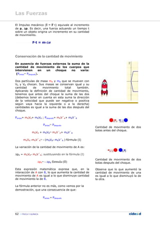62 FÍSICA Y QUÍMICA
El Impulso mecánico (I = F·t) equivale al incremento
de p, ∆∆∆∆p. Es decir, una fuerza actuando un tiempo t
sobre un objeto origina un incremento en su cantidad
de movimiento.
--------------F—t = m—∆∆∆∆v
Conservación de la cantidad de movimiento
En ausencia de fuerzas externas la suma de la
cantidad de movimiento de los cuerpos que
intervienen en un choque no varía:
(Pantes= Pdespués).
Dos partículas de masa mA y mB que se mueven con
VA y VB chocan. Sus masas se conservan igual y su
cantidad de movimiento total también.
Aplicando la definición de cantidad de movimiento,
tenemos que antes del choque la suma de las dos
(debemos tener en cuenta en esta suma la dirección
de la velocidad que puede ser negativa o positiva
según vaya hacia la izquierda o a la derecha)
cantidades es igual a la suma de las dos después del
choque.
Pantes= mAVA+ mBVB ; Pdespués= mAV´A+ mBV´B
Pantes= Pdespués
mAVA + mBVB= mAV´A+ mBV´B
mAVA -mAV´A= - (mBVB- mBV´B ) fórmula (I)
La variación de la cantidad de movimiento de A es:
∆pA = mAVA- mAV´A; sustituyendo en la fórmula (I)
∆pA= - ∆pB fórmula (II)
Esta expresión matemática expresa que, en la
interacción de A con B, lo que aumenta la cantidad de
movimiento de A es igual a lo que disminuye cantidad
de movimiento la de B.
La fórmula anterior no es más, como vemos por la
demostración, que una consecuencia de que:
Pantes = Pdespués
Cantidad de movimiento de dos
bolas antes del choque.
Cantidad de movimiento de dos
bolas después del choque.
Observa que lo que aumentó la
cantidad de movimiento de una
es igual a lo que disminuyó la de
la otra.
Las Fuerzas
 