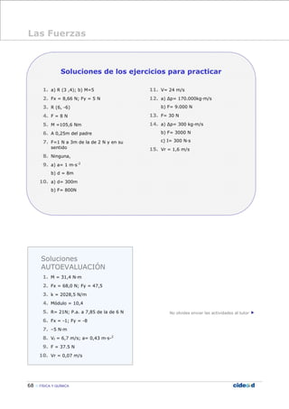68 FÍSICA Y QUÍMICA
Soluciones de los ejercicios para practicar
1. a) R (3 ,4); b) M=5
2. Fx = 8,66 N; Fy = 5 N
3. R (6, -6)
4. F = 8 N
5. M =105,6 Nm
6. A 0,25m del padre
7. F=1 N a 3m de la de 2 N y en su
sentido
8. Ninguna,
9. a) a= 1 m—s-2
b) d = 8m
10. a) d= 300m
b) F= 800N
11. V= 24 m/s
12. a) ∆p= 170.000kg—m/s
b) F= 9.000 N
13. F= 30 N
14. a) ∆p= 300 kg—m/s
b) F= 3000 N
c) I= 300 N—s
15. Vr = 1,6 m/s
No olvides enviar las actividades al tutor
Las Fuerzas
Soluciones
AUTOEVALUACIÓN
1. M = 31,4 N—m
2. Fx = 68,0 N; Fy = 47,5
3. k = 2028,5 N/m
4. Módulo = 10,4
5. R= 21N; P.a. a 7,85 de la de 6 N
6. Fx = -1; Fy = -8
7. –5 N—m
8. Vf = 6,7 m/s; a= 0,43 m—s-2
9. F = 37.5 N
10. Vr = 0,07 m/s
 