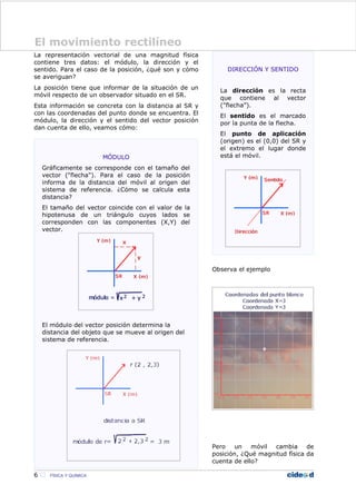 La representación vectorial de una magnitud física
contiene tres datos: el módulo, la dirección y el
sentido. Para el caso de la posición, ¿qué son y cómo
se averiguan?
La posición tiene que informar de la situación de un
móvil respecto de un observador situado en el SR.
Esta información se concreta con la distancia al SR y
con las coordenadas del punto donde se encuentra. El
módulo, la dirección y el sentido del vector posición
dan cuenta de ello, veamos cómo:
Observa el ejemplo
Pero un móvil cambia de
posición, ¿Qué magnitud física da
cuenta de ello?
6  FÍSICA Y QUÍMICA
El movimiento rectilíneo
 