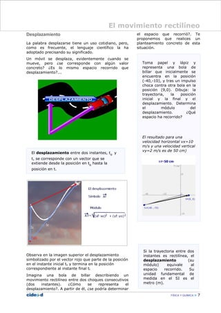 Desplazamiento
La palabra desplazarse tiene un uso cotidiano, pero,
como es frecuente, el lenguaje científico la ha
adoptado precisando su significado.
Un móvil se desplaza, evidentemente cuando se
mueve, pero ¿se corresponde con algún valor
concreto? ¿Es lo mismo espacio recorrido que
desplazamiento?...
Observa en la imagen superior el desplazamiento
simbolizado por el vector rojo que parte de la posición
en el instante inicial to y termina en la posición
correspondiente al instante final tf.
Imagina una bola de billar describiendo un
movimiento rectilíneo entre dos choques consecutivos
(dos instantes). ¿Cómo se representa el
desplazamiento?. A partir de él, ¿se podría determinar
el espacio que recorrió?. Te
proponemos que realices un
planteamiento concreto de esta
situación.
FÍSICA Y QUÍMICA 7
El desplazamiento entre dos instantes, to y
t, se corresponde con un vector que se
extiende desde la posición en to hasta la
posición en t.
El movimiento rectilíneo
Si la trayectoria entre dos
instantes es rectilínea, el
desplazamiento (su
módulo) equivale al
espacio recorrido. Su
unidad fundamental de
medida en el SI es el
metro (m).
 