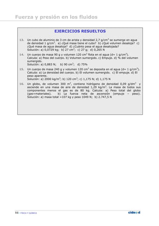 84 FÍSICA Y QUÍMICA
EJERCICIOS RESUELTOS
13. Un cubo de aluminio de 3 cm de arista y densidad 2,7 g/cm3
se sumerge en agua
de densidad 1 g/cm3
. a) ¿Qué masa tiene el cubo? b) ¿Qué volumen desaloja? c)
¿Qué masa de agua desaloja? d) ¿Cuánto pesa el agua desalojada?
Solución: a) 0,0729 kg; b) 27 cm3
; c) 27 g; d) 0,265 N
14. Un cuerpo de masa 90 g y volumen 120 cm3
flota en el agua (d= 1 g/cm3
).
Calcula: a) Peso del cuerpo. b) Volumen sumergido. c) Empuje. d) % del volumen
sumergido.
Solución: a) 0,883 N; b) 90 cm3
; d) 75%
15. Un cuerpo de masa 240 g y volumen 120 cm3
se deposita en el agua (d= 1 g/cm3
).
Calcula: a) La densidad del cuerpo. b) El volumen sumergido. c) El empuje. d) El
peso aparente.
Solución: a) 2000 kg/m3
; b) 120 cm3
; c) 1,175 N; d) 1,175 N
16. Un globo, de volumen 300 m3
, contiene hidrógeno de densidad 0,09 g/dm3
y
asciende en una masa de aire de densidad 1,29 kg/m3
. La masa de todos sus
componentes menos el gas es de 80 kg. Calcula: a) Peso total del globo
(gas+materiales). b) La fuerza neta de ascensión (empuje – peso).
Solución: a) masa total =107 kg y peso 1049 N; b) 2.747,5 N
Fuerza y presión en los fluidos
 