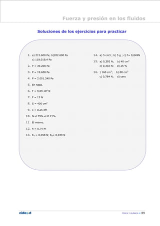 FÍSICA Y QUÍMICA 89
Soluciones de los ejercicios para practicar
1. a) 215.600 Pa; b)202.600 Pa
c) 118.019,4 Pa
2. P = 39.200 Pa
3. P = 19.600 Pa
4. P = 2.001.240 Pa
5. En nada.
6. F = 9,09—104
N
7. F = 15 N
8. S = 400 cm2
9. x = 0,25 cm
10. N el 79% el O 21%
11. El mismo.
12. h = 0,74 m
13. EA = 0,058 N; EB= 0,039 N
14. a) 5 cm3 ; b) 5 g ; c) F= 0,049N
15. a) 0,392 N; b) 40 cm3
c) 0,392 N; d) 25 %
16. ) 160 cm3
; b) 80 cm3
c) 0,784 N; d) cero
Fuerza y presión en los fluidos
 