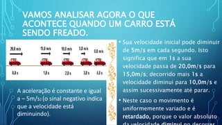 VAMOS ANALISAR AGORA O QUE
ACONTECE QUANDO UM CARRO ESTÁ
SENDO FREADO.
• Sua velocidade inicial pode diminuir
de 5m/s em cada segundo. Isto
significa que em 1s a sua
velocidade passa de 20,0m/s para
15,0m/s; decorrido mais 1s a
velocidade diminui para 10,0m/s e
assim sucessivamente até parar.
• Neste caso o movimento é
uniformemente variado e é
retardado, porque o valor absoluto
A aceleração é constante e igual
a – 5m/s2 (o sinal negativo indica
que a velocidade está
diminuindo).
 