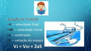 •V = velocidade final
•V0 = velocidade inicial
•a = aceleração
•S = variação do espaço
V2 = V02 + 2aS
 