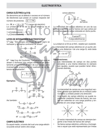 Editorial
Librería: Av. Garcilaso de la Vega 978, Lima Telf.: 424-6563
www.editorialsanmarcos.com
CARGA ELÉCTRICA (q O Q)
Se denomina así al defecto o exceso en el número
de electrones que posee un cuerpo respecto del
número de protones. q = ! ne
n ∈ N; e = 1,6 # 10-19
C (carga del electrón)
La unidad en el Si de la carga eléctrica es el
coulomb (C).
1 mC(milicoulomb) = 10-3
C
1 µC(microcoulomb) = 10-6
C
LEYES DE INTERACCIÓN ELECTROSTÁTICA
1.a
Ley: “Dos cargas eléctricas de igual signo se
rechazan y de signos contrarios se atraen”
+
+
-
-
-
+
F F
F F
F F
2.a
Ley (Ley de Coulomb): “La fuerza con que se
atraen o rechazan dos cargas eléctricas es direc-
tamente proporcional al valor de sus cargas, pero
inversamente proporcional al cuadrado de la dis-
tancia de separación”.
F =
9 10
r
Qq
2
9
#
Ejemplos:
r
q
Q
F F
r
r
r
2q
2q
3q
Q
2Q
2Q
2F
4F
6F
2F
4F
6F
- -
-
-
-
-
-
-
Así también:
-
-
-
-
-
-
-
-
r
r/2
2r
3r
F
4F
F/4
F/9
F
4F
F/4
F/9
CAMPO ELÉCTRICO
Es aquel medio, a través del cual una carga eléctri-
ca puede actuar sobre otra carga.
+ +
Q
r
q
F
línea
de fuerza
campo eléctrico
La intensidad del campo eléctrico en uno de sus
puntos está dado por la fuerza con que actúa por
unidad positiva de carga colocada en dicho punto.
é ( )
arg
C a el ctrica q
Fuerza
E
F
=
^ h
La unidad en el Si es el N/C, newton por coulomb.
La intensidad del campo eléctrico en un punto ubi-
cado a una distancia r de una carga Q, está dada
por: E = 9#109
r
Q
2
observaciones:
• Las intensidades de campo en dos puntos
ubicados a una misma distancia no siempre
son iguales, puesto que pueden tener direc-
ciones distintas.
+
r
A
B
C
D Ed
Ec
Eb
Ea
• La intensidad de campo es una magnitud vec-
torial, puesto que además de un módulo (valor
numérico y unidad) posee una dirección.
• Una región de campo eléctrico se puede re-
presentar mediante líneas de fuerza, las cua-
les son salientes en una carga positiva y en-
trantes en una carga negativa.
+ -
• El vector intensidad de campo es siempre tan-
gente a las líneas de fuerza del campo.
• Se llama campo eléctrico uniforme u homogé-
neo a aquel que está representado por líneas
ELECTROSTÁTICA
 