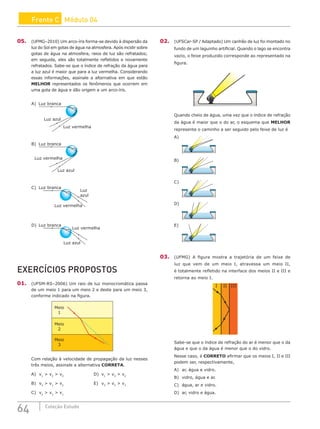 64 Coleção Estudo
Frente C Módulo 04
05. (UFMG–2010) Um arco-íris forma-se devido à dispersão da
luz do Sol em gotas de água na atmosfera. Após incidir sobre
gotas de água na atmosfera, raios de luz são refratados;
em seguida, eles são totalmente refletidos e novamente
refratados. Sabe-se que o índice de refração da água para
a luz azul é maior que para a luz vermelha. Considerando
essas informações, assinale a alternativa em que estão
MELHOR representados os fenômenos que ocorrem em
uma gota de água e dão origem a um arco-íris.
A) Luz branca
Luz azul
Luz vermelha
B) Luz branca
Luz azul
Luz vermelha
C) Luz branca
Luz
azul
Luz vermelha
D) Luz branca
Luz azul
Luz vermelha
EXERCÍCIOS PROPOSTOS
01. (UFSM-RS–2006) Um raio de luz monocromática passa
de um meio 1 para um meio 2 e deste para um meio 3,
conforme indicado na figura.
Meio
1
Meio
2
Meio
3
Com relação à velocidade de propagação da luz nesses
três meios, assinale a alternativa CORRETA.
A) v1
 v2
 v3				
D) v1
 v3
 v2
B) v3
 v1
 v2				
E) v3
 v2
 v1
C) v2
 v3
 v1
02. (UFSCar-SP / Adaptado) Um canhão de luz foi montado no
fundo de um laguinho artificial. Quando o lago se encontra
vazio, o feixe produzido corresponde ao representado na
figura.
Quando cheio de água, uma vez que o índice de refração
da água é maior que o do ar, o esquema que MELHOR
representa o caminho a ser seguido pelo feixe de luz é
A) 			
B) 			
C)
D)
E)
03. (UFMG) A figura mostra a trajetória de um feixe de
luz que vem de um meio I, atravessa um meio II,
é totalmente refletido na interface dos meios II e III e
retorna ao meio I.
I II III
Sabe-se que o índice de refração do ar é menor que o da
água e que o da água é menor que o do vidro.
Nesse caso, é CORRETO afirmar que os meios I, II e III
podem ser, respectivamente,
A) ar, água e vidro.
B) vidro, água e ar.
C) água, ar e vidro.
D) ar, vidro e água.
 