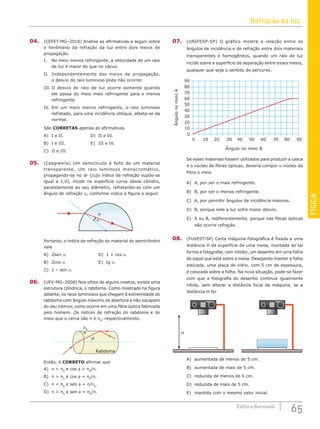 Refração da luz
65
Editora Bernoulli
FÍSICA
04. (CEFET-MG–2010) Analise as afirmativas a seguir sobre
o fenômeno da refração da luz entre dois meios de
propagação.
I. No meio menos refringente, a velocidade de um raio
de luz é maior do que no vácuo.
II. Independentemente dos meios de propagação,
o desvio do raio luminoso pode não ocorrer.
III. O desvio do raio de luz ocorre somente quando
ele passa do meio mais refringente para o menos
refringente.
IV. Em um meio menos refringente, o raio luminoso
refratado, para uma incidência oblíqua, afasta-se da
normal.
São CORRETAS apenas as afirmativas
A) I e II.				 D) II e IV.
B) I e III.				 E) III e IV.
C) II e III.
05. (Cesgranrio) Um semicírculo é feito de um material
transparente. Um raio luminoso monocromático,
propagando-se no ar (cujo índice de refração supõe-se
igual a 1,0), incide na superfície curva desse cilindro,
paralelamente ao seu diâmetro, refratando-se com um
ângulo de refração α, conforme indica a figura a seguir.
n
α
Portanto, o índice de refração do material do semicilindro
vale
A) 2sen α.					 D) 1 + cos α.
B) 2cos α.					 E) tg α.
C) 1 – sen α.
06. (UFV-MG–2008) Nos olhos de alguns insetos, existe uma
estrutura cilíndrica, o rabdoma. Como mostrado na figura
adiante, os raios luminosos que chegam à extremidade do
rabdoma com ângulo máximo de abertura φ não escapam
do seu interior, como ocorre em uma fibra óptica fabricada
pelo homem. Os índices de refração do rabdoma e do
meio que o cerca são n e n0
, respectivamente.
n0
n
Rabdoma
φ
Então, é CORRETO afirmar que
A) n  n0
e cos φ = n0
/n.
B) n  n0
e cos φ = n0
/n.
C) n  n0
e sen φ = n/n0
.
D) n  n0
e sen φ = n0
/n.
07. (UNIFESP-SP) O gráfico mostra a relação entre os
ângulos de incidência e de refração entre dois materiais
transparentes e homogêneos, quando um raio de luz
incide sobre a superfície de separação entre esses meios,
qualquer que seja o sentido do percurso.
10
10
20
20
30
30
40
40
50
50
60
60
70
70
80
80
90
90
0
0
Ângulo
no
meio
A
Ângulo no meio B
Se esses materiais fossem utilizados para produzir a casca
e o núcleo de fibras ópticas, deveria compor o núcleo da
fibra o meio
A) A, por ser o mais refringente.
B) B, por ser o menos refringente.
C) A, por permitir ângulos de incidência maiores.
D) B, porque nele a luz sofre maior desvio.
E) A ou B, indiferentemente, porque nas fibras ópticas
não ocorre refração.
08. (FUVEST-SP) Certa máquina fotográfica é fixada a uma
distância H da superfície de uma mesa, montada de tal
forma a fotografar, com nitidez, um desenho em uma folha
de papel que está sobre a mesa. Desejando manter a folha
esticada, uma placa de vidro, com 5 cm de espessura,
é colocada sobre a folha. Na nova situação, pode-se fazer
com que a fotografia do desenho continue igualmente
nítida, sem alterar a distância focal da máquina, se a
distância H for
H
A) aumentada de menos de 5 cm.
B) aumentada de mais de 5 cm.
C) reduzida de menos de 5 cm.
D) reduzida de mais de 5 cm.
E) mantida com o mesmo valor inicial.
 