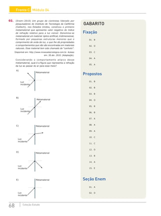 68 Coleção Estudo
Frente C Módulo 04
02. (Enem–2010) Um grupo de cientistas liderado por
pesquisadores do Instituto de Tecnologia da Califórnia
(Caltech), nos Estados Unidos, construiu o primeiro
metamaterial que apresenta valor negativo do índice
de refração relativo para a luz visível. Denomina-se
metamaterial um material óptico artificial, tridimensional,
formado por pequenas estruturas menores que o
comprimento de onda da luz, o que lhe dá propriedades
e comportamentos que não são encontradas em materiais
naturais. Esse material tem sido chamado de “canhoto”.
Disponível em: http://www.inivacaotecnologica.com.br. Acesso
em: 28 abr. 2010. (Adaptação).
Considerando o comportamento atípico desse
metamaterial, qual é a figura que representa a refração
da luz ao passar do ar para esse meio?
Luz
incidente
Metamaterial
Luz
incidente
Metamaterial
Luz
incidente
Metamaterial
Luz
incidente
Metamaterial
Luz
incidente
Metamaterial
A)
B)
C)
D)
E)
GABARITO
Fixação
01. B
02. D
03. C
04. A
05. A
Propostos
01. B		
02. B		
03. B		
04. D		
05. B		
06. B		
07. A		
08. A
09. A
10. C
11. C
12. D
13. B
14. A
15. E
Seção Enem
01. A
02. D
 