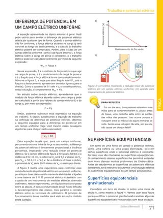 FÍSICA
71
Editora Bernoulli
DIFERENÇA DE POTENCIAL EM
UM CAMPO ELÉTRICO UNIFORME
A equação apresentada no tópico anterior é geral. Você
pode usá-la para avaliar a diferença de potencial elétrico
criada por qualquer tipo de fonte. Quando o campo elétrico
não for uniforme, a força elétrica atuante na carga q será
variável ao longo do deslocamento, e o cálculo do trabalho
elétrico poderá ser complicado. Porém, para o caso de um
campo elétrico uniforme (como o da figura anterior), a força
elétrica sobre a carga de prova é constante, e o trabalho
elétrico pode ser calculado facilmente por meio da seguinte
expressão:
WAB
= Fdcos q
Nessa expressão, F é o módulo da força elétrica que age
na carga de prova, d é o deslocamento da carga de prova e
θ é o ângulo que a força elétrica forma com o deslocamento.
Observe a figura 2, e veja que esse ângulo vale 0°, pois a
força e o deslocamento apresentam sentidos iguais (para a
direita). Como o cosseno de 0° vale +1, o trabalho elétrico,
nessa situação, é simplesmente WAB
= Fd.
No estudo sobre campo elétrico, aprendemos que o
módulo da força elétrica atuante sobre uma carga q pode
ser calculado a partir dos valores do campo elétrico E e da
carga q, por meio da expressão:
F = Eq
Então, podemos substituir essa expressão na equação
do trabalho. A seguir, substituindo a equação do trabalho
na definição de diferença de potencial elétrico, obtemos
a seguinte equação para a diferença de potencial em
um campo uniforme (faça você mesmo essas passagens
algébricas para chegar nesta expressão):
VAB
= Ed
Essa equação revela que, para um campo uniforme,
percorrendo-se uma linha de força no seu sentido, a diferença
de potencial elétrico é diretamente proporcional à distância
percorrida, implicando uma redução linear do potencial
elétrico. Se o campo elétrico da figura 2 for igual a 50 N/C e a
distância d for 10 cm, o potencial VB
será 5,0 V abaixo de VA
,
pois VAB
= 50.0,10 = 5,0 V. Se a distância d fosse o dobro,
o potencial de VB
seria 10 V abaixo de VA
, e assim por diante.
A figura 3 ilustra uma experiência para confirmar esse
comportamento do potencial elétrico em um campo uniforme,
gerado por duas placas uniformemente eletrizadas e ligadas
a uma bateria de 9 V. O potencial elétrico é avaliado com
a ajuda de um instrumento de medidas elétricas chamado
voltímetro. Nesse experimento, um líquido resistivo é posto
entre as placas. A baixa condutividade desse fluido dificulta
o descarregamento das placas, mas garante o contato
elétrico entre os terminais do voltímetro. O princípio de
funcionamento desse medidor será visto em outro módulo
desta Coleção.
Deslocamento do fio verde
a)
b)
9
Potencial
elétrico
(V)
9 V
A
V
Ω
V
.
Figura 3: (a) Gráfico mostrando a redução linear do potencial
elétrico em um campo elétrico uniforme; (b) aparato para
mapeamento do potencial elétrico.
PARA REFLETIR
Em um dia seco, duas pessoas estendem suas
mãos para se cumprimentarem e, pouco antes
do toque, uma centelha salta entre as pontas
das mãos das pessoas. Isso ocorre porque a
voltagem entre as mãos é de alguns milhares de
volts. Sendo essa voltagem tão alta, por que ela
não causa um choque fatal?
SUPERFÍCIES EQUIPOTENCIAIS
Em torno de uma fonte de campo e potencial elétrico,
como uma esfera ou uma placa eletrizada, existem
certas superfícies onde o potencial elétrico é constante.
Por isso, elas são chamadas de superfícies equipotenciais.
O conhecimento dessas superfícies lhe permitirá entender
com mais clareza muitos problemas de Eletrostática.
Antes de estudarmos as superfícies de potenciais elétricos
constantes, será instrutivo discutirmos uma situação relativa
às superfícies equipotenciais de um campo gravitacional.
Superfícies equipotenciais
gravitacionais
Considere um livro de massa m sobre uma mesa de
altura h, como mostra a figura 4. Vamos usar essa figura
para quantificar o potencial gravitacional e analisar algumas
superfícies equipotenciais relacionadas com essa situação.
Trabalho e potencial elétrico
 