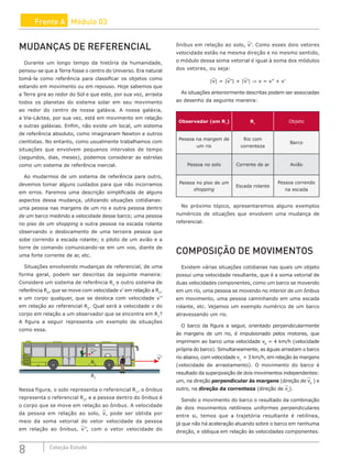 8 Coleção Estudo
Frente A Módulo 03
MUDANÇAS DE REFERENCIAL
Durante um longo tempo da história da humanidade,
pensou-se que a Terra fosse o centro do Universo. Era natural
tomá-la como referência para classificar os objetos como
estando em movimento ou em repouso. Hoje sabemos que
a Terra gira ao redor do Sol e que este, por sua vez, arrasta
todos os planetas do sistema solar em seu movimento
ao redor do centro de nossa galáxia. A nossa galáxia,
a Via-Láctea, por sua vez, está em movimento em relação
a outras galáxias. Enfim, não existe um local, um sistema
de referência absoluto, como imaginaram Newton e outros
cientistas. No entanto, como usualmente trabalhamos com
situações que envolvem pequenos intervalos de tempo
(segundos, dias, meses), podemos considerar as estrelas
como um sistema de referência inercial.
Ao mudarmos de um sistema de referência para outro,
devemos tomar alguns cuidados para que não incorramos
em erros. Faremos uma descrição simplificada de alguns
aspectos dessa mudança, utilizando situações cotidianas:
uma pessoa nas margens de um rio e outra pessoa dentro
de um barco medindo a velocidade desse barco; uma pessoa
no piso de um shopping e outra pessoa na escada rolante
observando o deslocamento de uma terceira pessoa que
sobe correndo a escada rolante; o piloto de um avião e a
torre de comando comunicando-se em um voo, diante de
uma forte corrente de ar, etc.
Situações envolvendo mudanças de referencial, de uma
forma geral, podem ser descritas da seguinte maneira:
Considere um sistema de referência R1
e outro sistema de
referência R2
, que se move com velocidade v’ em relação a R1
,
e um corpo qualquer, que se desloca com velocidade v’’
em relação ao referencial R2
. Qual será a velocidade v do
corpo em relação a um observador que se encontra em R1
?
A figura a seguir representa um exemplo de situações
como essa.
v’
v’’
R2
R1
Nessa figura, o solo representa o referencial R1
, o ônibus
representa o referencial R2
, e a pessoa dentro do ônibus é
o corpo que se move em relação ao ônibus. A velocidade
da pessoa em relação ao solo, v, pode ser obtida por
meio da soma vetorial do vetor velocidade da pessoa
em relação ao ônibus, v’’, com o vetor velocidade do
ônibus em relação ao solo, v’. Como esses dois vetores
velocidade estão na mesma direção e no mesmo sentido,
o módulo dessa soma vetorial é igual à soma dos módulos
dos vetores, ou seja:
|v| = |v”| + |v’| ⇒ v = v” + v’
As situações anteriormente descritas podem ser associadas
ao desenho da seguinte maneira:
Observador (em R1
) R2
Objeto
Pessoa na margem de
um rio
Rio com
correnteza
Barco
Pessoa no solo Corrente de ar Avião
Pessoa no piso de um
shopping
Escada rolante
Pessoa correndo
na escada
No próximo tópico, apresentaremos alguns exemplos
numéricos de situações que envolvem uma mudança de
referencial.
COMPOSIÇÃO DE MOVIMENTOS
Existem várias situações cotidianas nas quais um objeto
possui uma velocidade resultante, que é a soma vetorial de
duas velocidades componentes, como um barco se movendo
em um rio, uma pessoa se movendo no interior de um ônibus
em movimento, uma pessoa caminhando em uma escada
rolante, etc. Vejamos um exemplo numérico de um barco
atravessando um rio.
O barco da figura a seguir, orientado perpendicularmente
às margens de um rio, é impulsionado pelos motores, que
imprimem ao barco uma velocidade vb
= 4 km/h (velocidade
própria do barco). Simultaneamente, as águas arrastam o barco
rio abaixo, com velocidade vc
= 3 km/h, em relação às margens
(velocidade de arrastamento). O movimento do barco é
resultado da superposição de dois movimentos independentes:
um, na direção perpendicular às margens (direção de vb
) e
outro, na direção da correnteza (direção de vc
).
Sendo o movimento do barco o resultado da combinação
de dois movimentos retilíneos uniformes perpendiculares
entre si, temos que a trajetória resultante é retilínea,
já que não há aceleração atuando sobre o barco em nenhuma
direção, e oblíqua em relação às velocidades componentes.
 