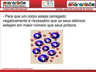 ETAPA PRÉ-VESTIBULAR                  TUTOR: WALTER ALENCAR DE SOUSA


 - Para que um corpo esteja carregado
 negativamente é necessário que os seus elétrons
 estejam em maior número que seus prótons.




COORDENADOR REGIONAL: WALTER ALENCAR                             10
 
