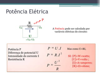 Potência Elétrica
                            P
                R
         Va             Vb          A Potência pode ser calculada por
                 I                    variáveis elétricas do circuito:
                U
              =Va-Vb


Potência P                      P     U .I       Mas como U=RI,
Diferença de potencial U                     2
Intensidade de corrente I       P    R .I         SI: [P]=W=watts;
Resistência R                            2
                                                     [U]=V=volts ;
                                     U                [I]=A=amperes;
                                P                     [R]=Ω=ohms;
                                       R
 